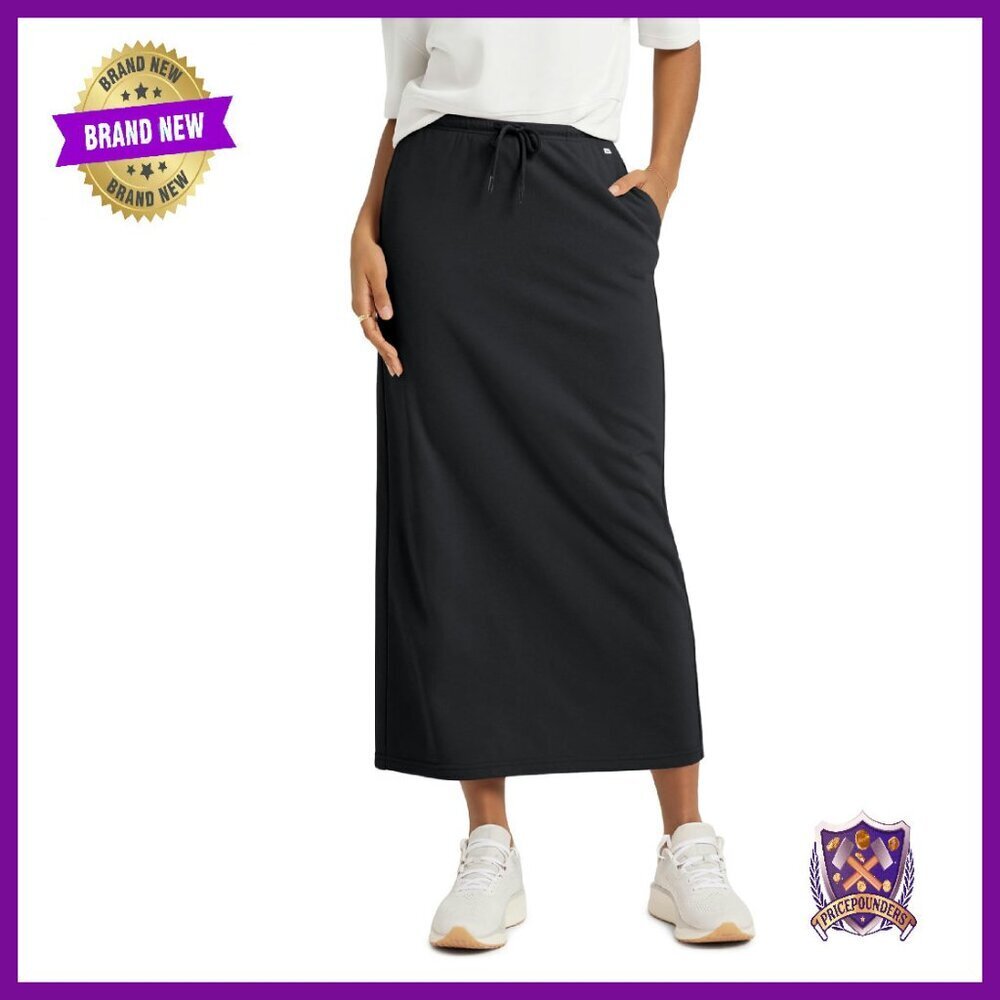 French Terry Midi Skirt with Pockets, Drawstring Waist, Back Split